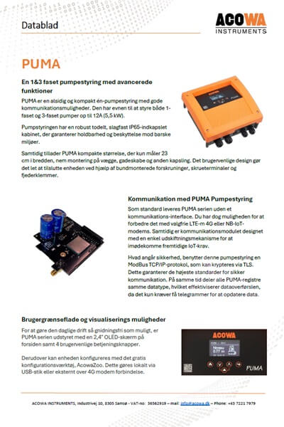 PUMA pump control data sheet in Danish